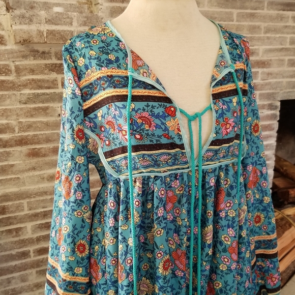 Gypsy Bohemian Turquoise Maxi Dress Folk Town - Picture 6 of 7